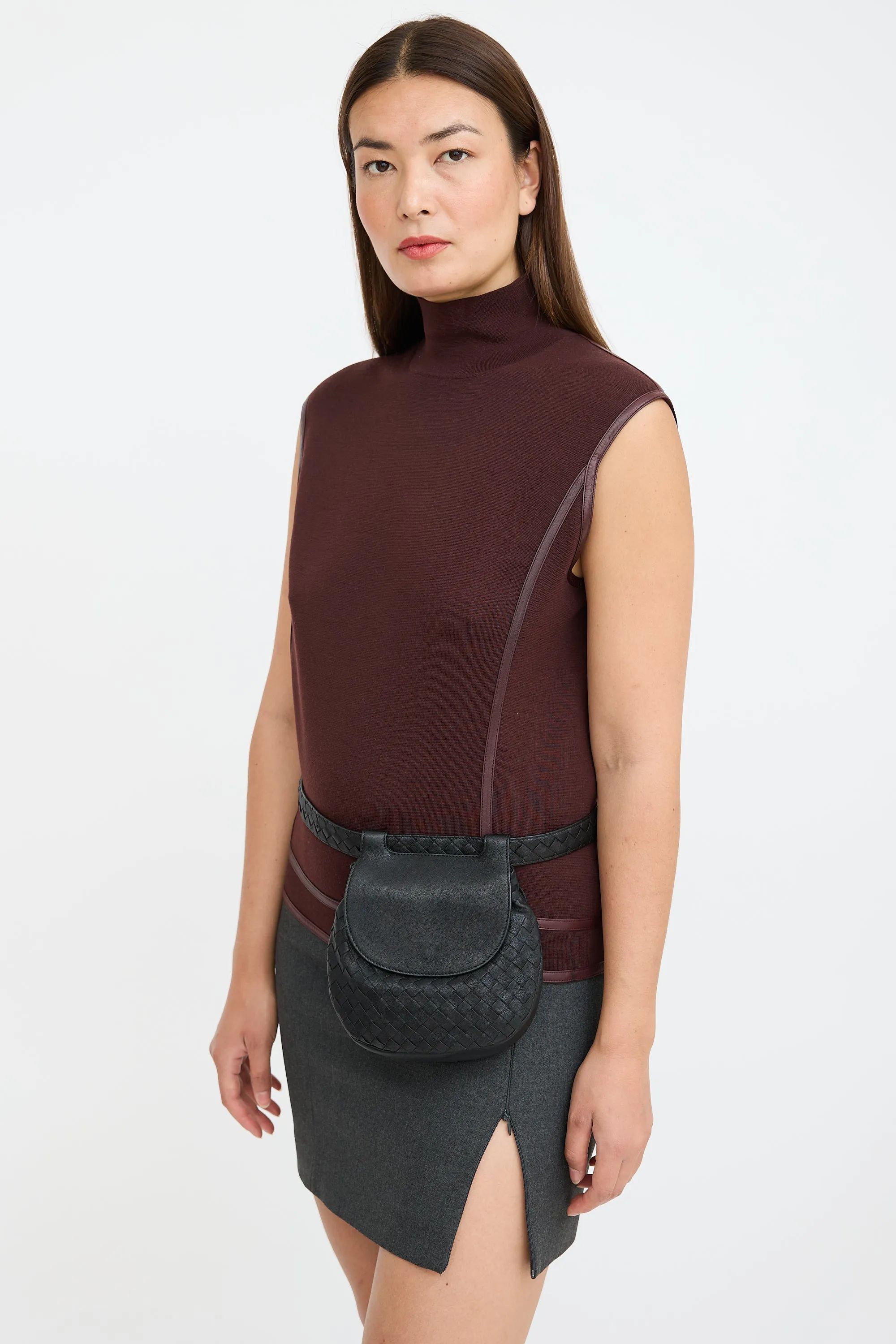 Black Leather Intrecciato Belt Bag