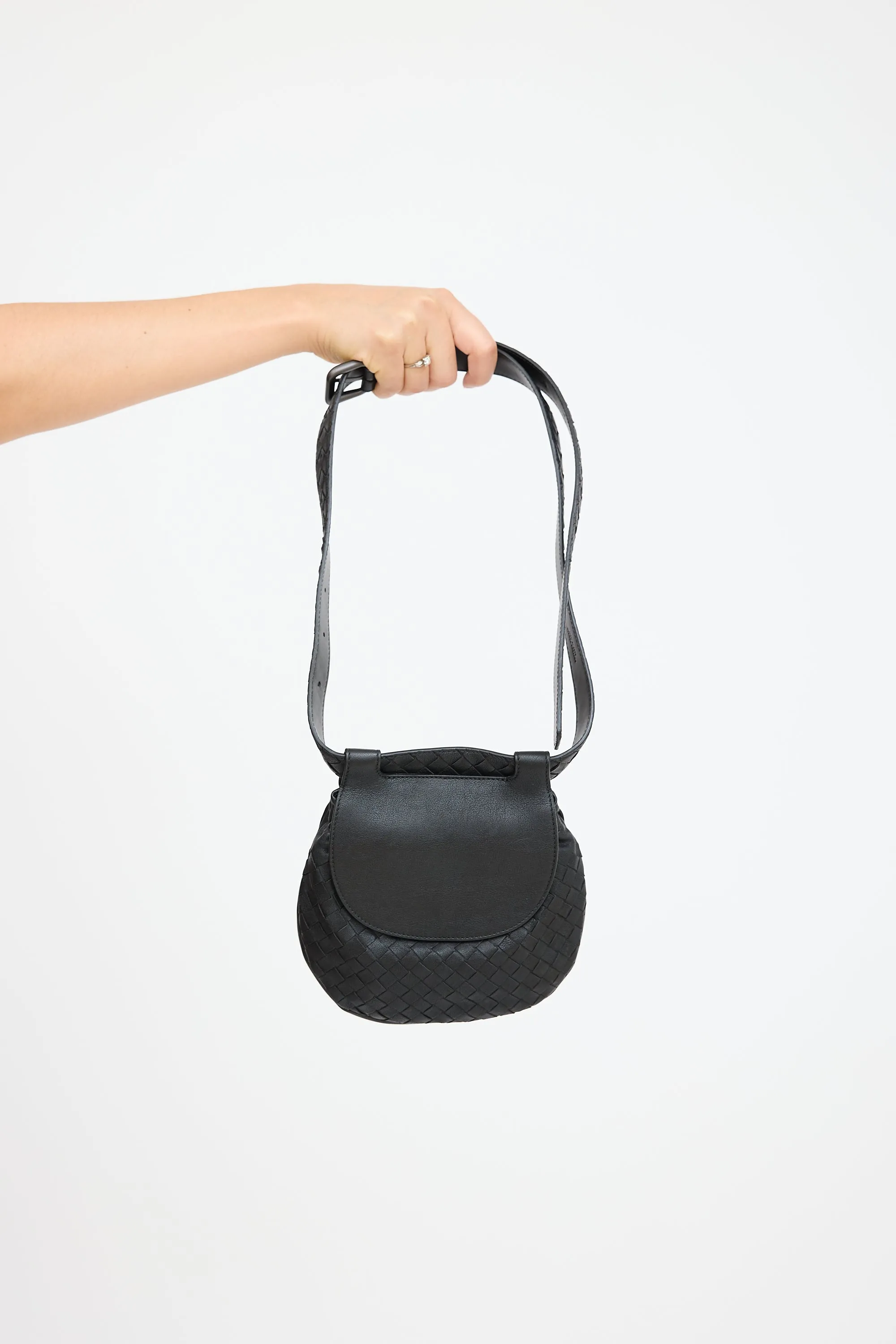 Black Leather Intrecciato Belt Bag
