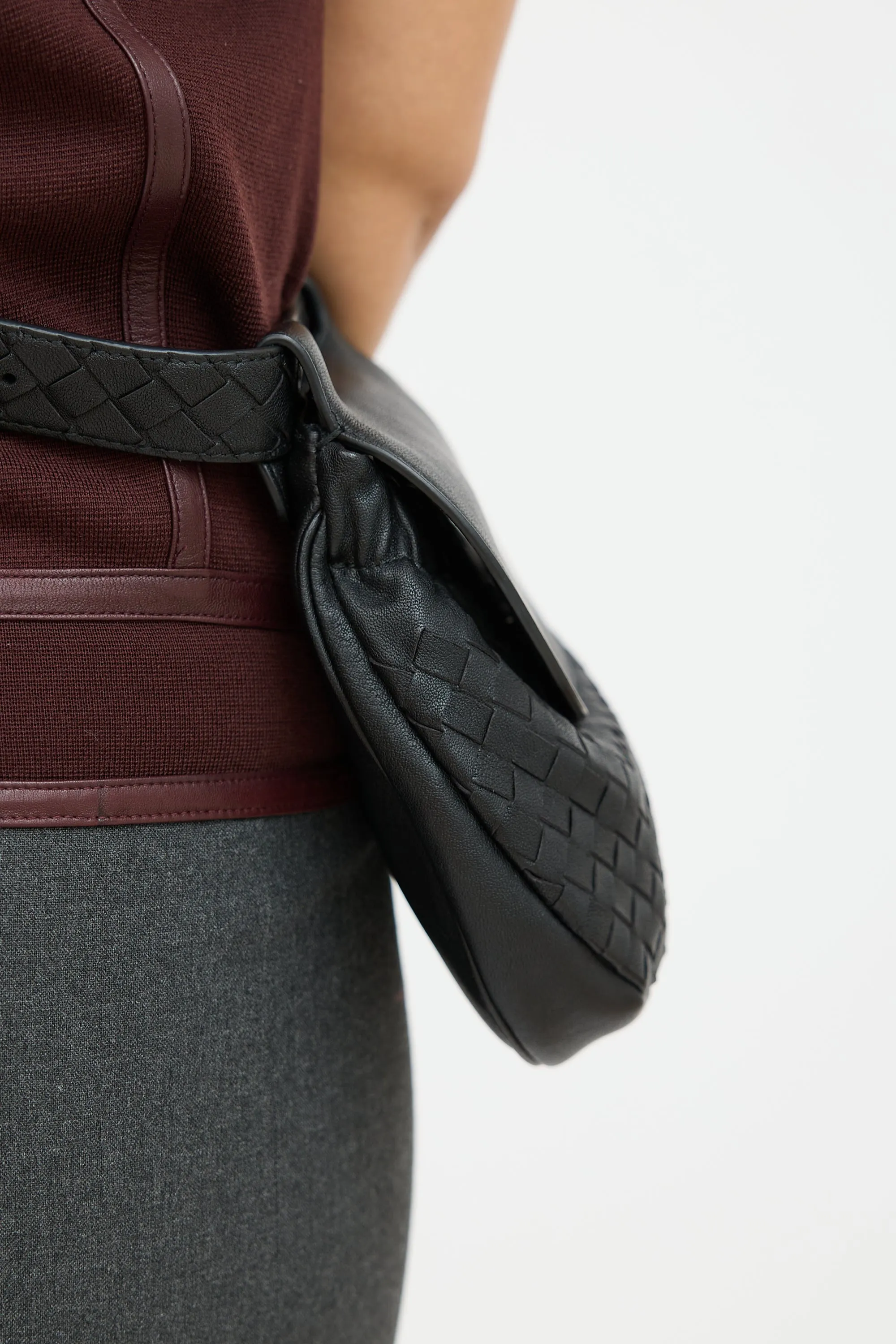 Black Leather Intrecciato Belt Bag