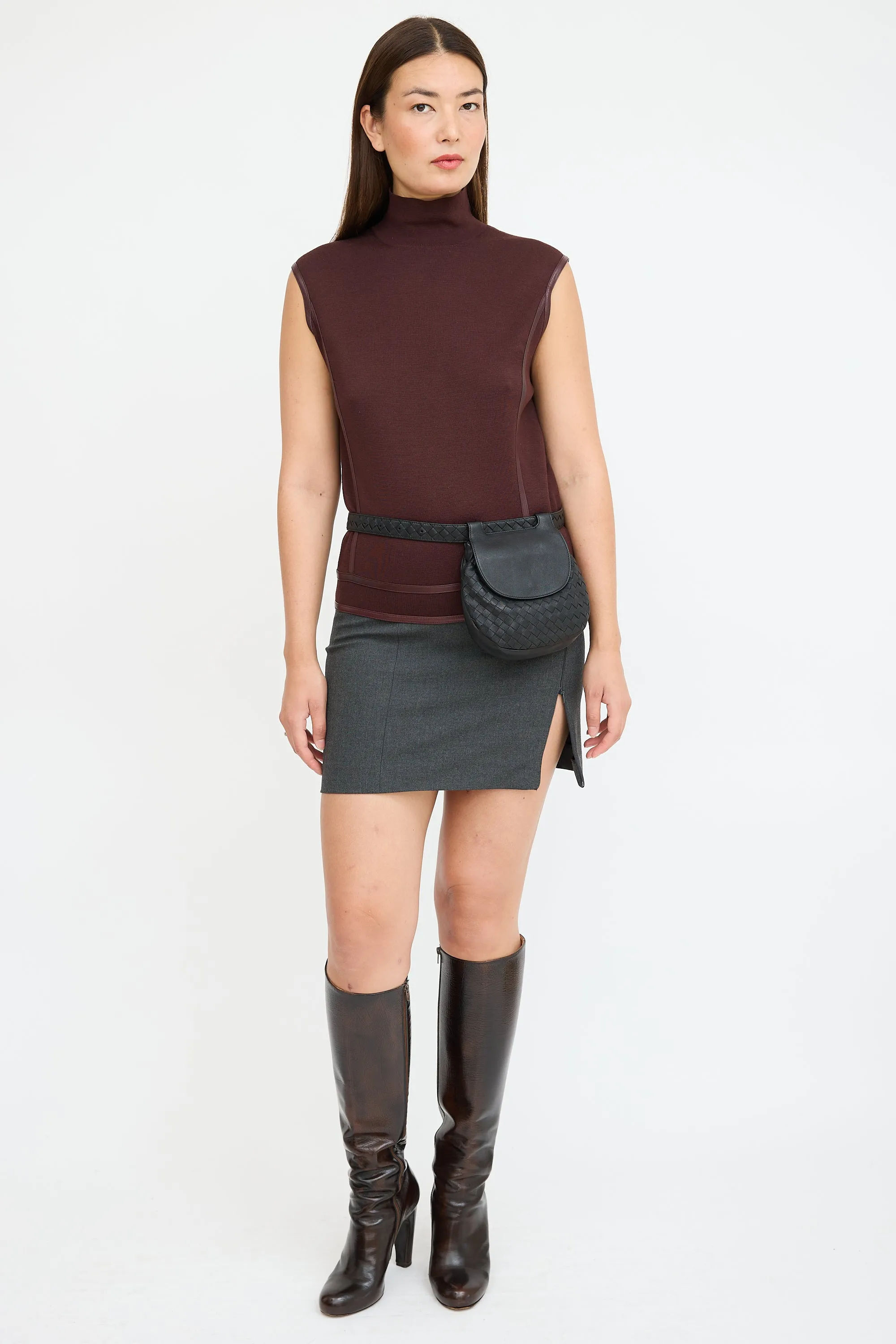 Black Leather Intrecciato Belt Bag