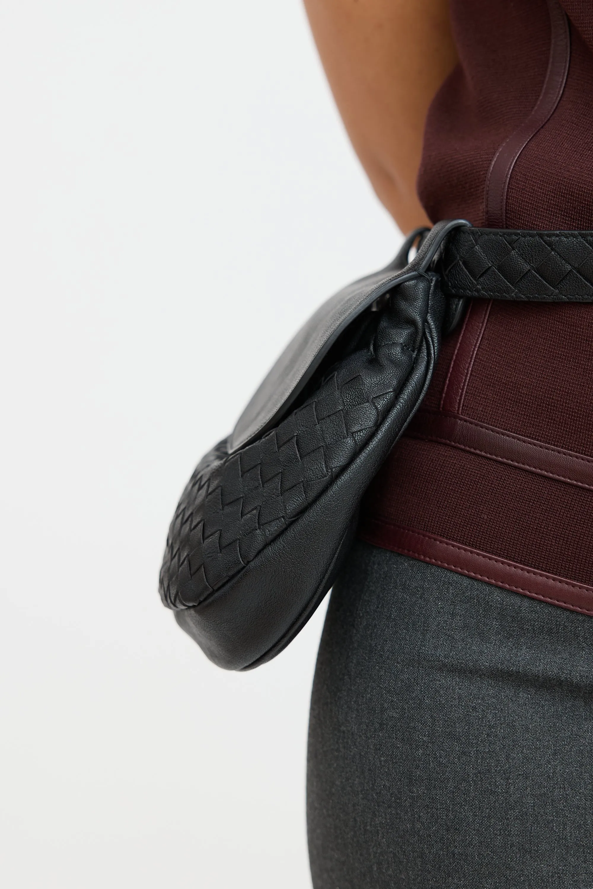 Black Leather Intrecciato Belt Bag